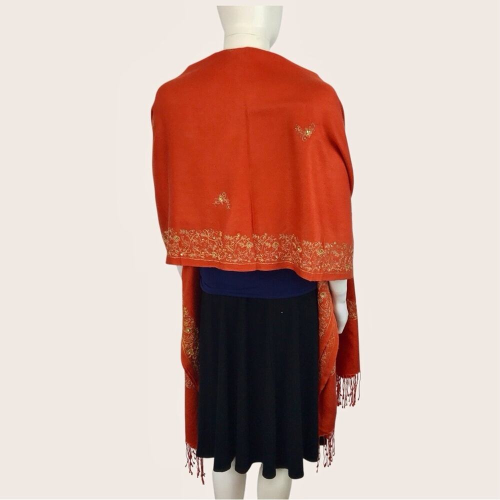 Pashmina Cashmere Blanket Scarf Wrap Orange Gold Embroidered Thread & Sequin - Picture 2 of 12